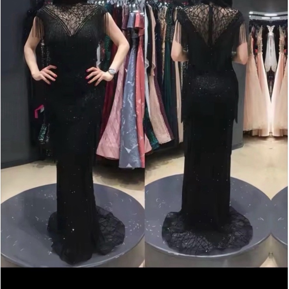 Black Beaded Fringe Maxi Dress with Sheer Lace Yoke